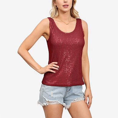 Women's Sequin Tank Top Sleeveless Scoop Neck Sparkly Party Blouse