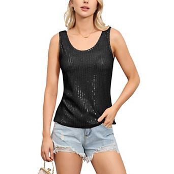 Women's Sequin Tank Top Sleeveless Scoop Neck Sparkly Party Blouse