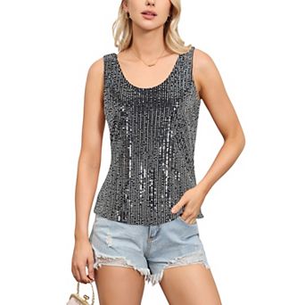 Women's Sequin Tank Top Sleeveless Scoop Neck Sparkly Party Blouse
