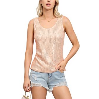 Women's Sequin Tank Top Sleeveless Scoop Neck Sparkly Party Blouse