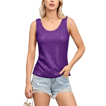Women's Sequin Tank Top Sleeveless Scoop Neck Sparkly Party Blouse