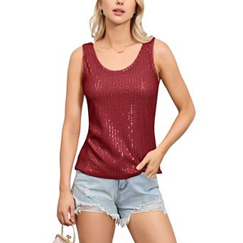 Women's Sequin Tank Top Sleeveless Scoop Neck Sparkly Party Blouse
