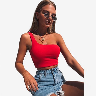 Women's One-Shoulder Ribbed Crop Top with Stretch Fit