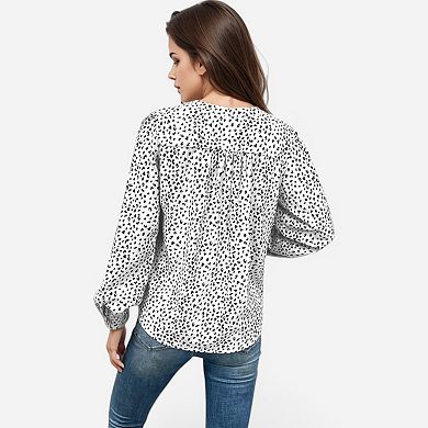 Women's Leopard Print Long Sleeve V-Neck Blouse