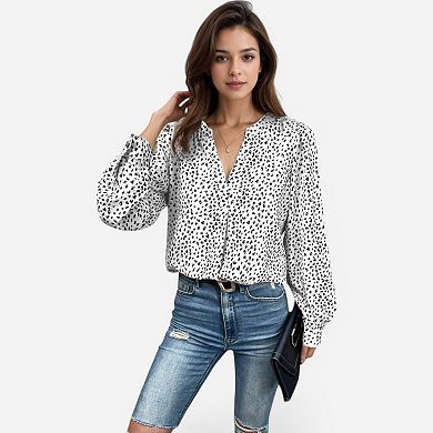 Women's Leopard Print Long Sleeve V-Neck Blouse