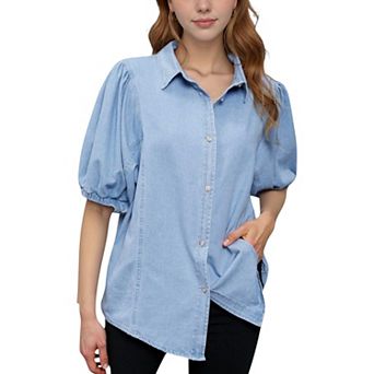 Women's Denim Button Down Shirt with Puff Elbow Sleeves and Relaxed Collared Fit