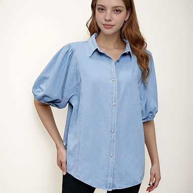 Women's Denim Button Down Shirt with Puff Elbow Sleeves and Relaxed Collared Fit