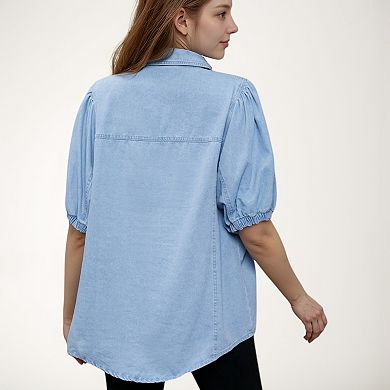 Women's Denim Button Down Shirt with Puff Elbow Sleeves and Relaxed Collared Fit