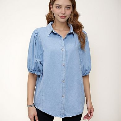 Women's Denim Button Down Shirt with Puff Elbow Sleeves and Relaxed Collared Fit