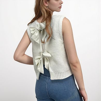 Women's Sleeveless Knit Vest with Back Bow Tie Accents and Open Back Detail