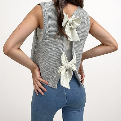 Women's Sleeveless Knit Vest with Back Bow Tie Accents and Open Back Detail