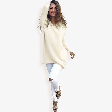 Women's Oversized V-Neck Fleece Tunic Sweater Long Sleeve Cozy Top
