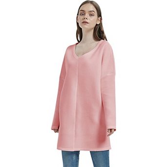 Women's Oversized V-Neck Fleece Tunic Sweater Long Sleeve Cozy Top