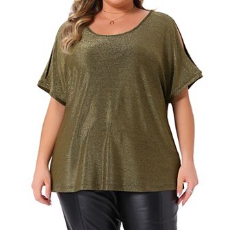 Plus Size Women's Sequin Top Cold Shouder Short Sleeve Glitter Party Shirt Sparkle Club Night Blouse