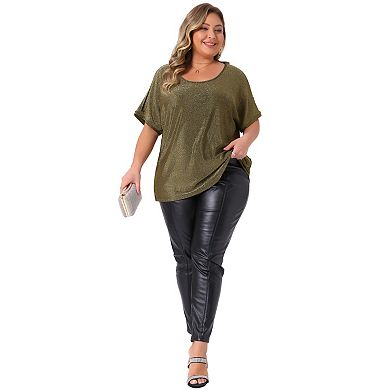 Plus Size Women's Sequin Top Cold Shouder Short Sleeve Glitter Party Shirt Sparkle Club Night Blouse