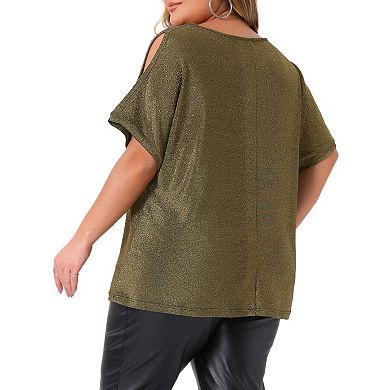 Plus Size Women's Sequin Top Cold Shouder Short Sleeve Glitter Party Shirt Sparkle Club Night Blouse