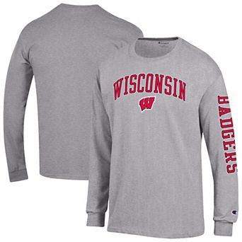 Men's Champion Heather Gray Wisconsin Badgers Arch Over Logo 2-Hit Long Sleeve T-Shirt