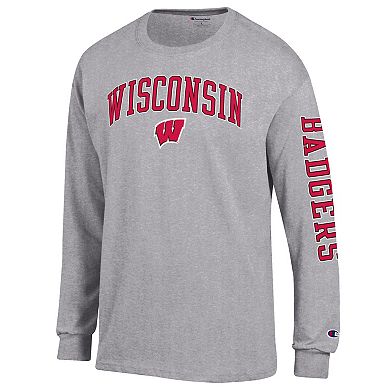 Men's Champion Heather Gray Wisconsin Badgers Arch Over Logo 2-Hit Long Sleeve T-Shirt