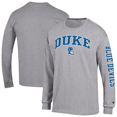 Men's Champion Heather Gray Duke Blue Devils Arch Over Logo 2-Hit Long Sleeve T-Shirt