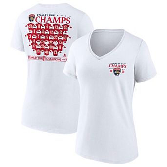 Women's Fanatics White Florida Panthers 2025 Stanley Cup Champions Jersey Roster V-Neck T-Shirt