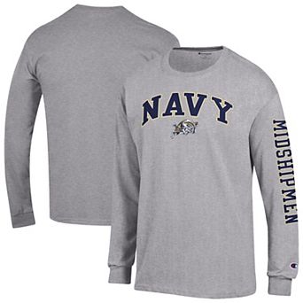 Men's Champion Heather Gray Navy Midshipmen Arch Over Logo 2-Hit Long Sleeve T-Shirt