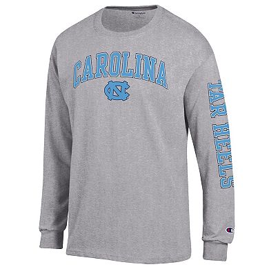 Men's Champion Heather Gray North Carolina Tar Heels Arch Over Logo 2-Hit Long Sleeve T-Shirt