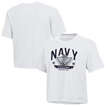 Women's Under Armour White Navy Midshipmen Essentials Icon Ultra-Soft Tri-Blend Boxy Cropped T-Shirt