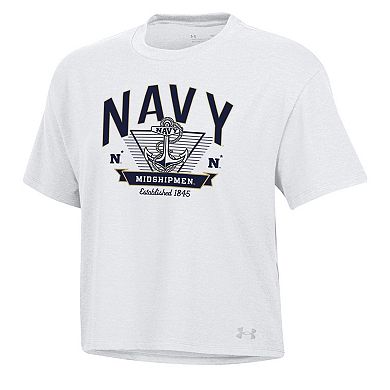 Women's Under Armour White Navy Midshipmen Essentials Icon Ultra-Soft Tri-Blend Boxy Cropped T-Shirt