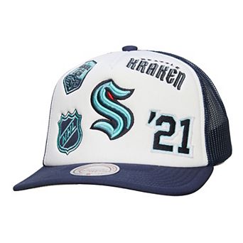 Men's Mitchell & Ness White/Deep Sea Blue Seattle Kraken Gridlock Trucker Adjustable Hat