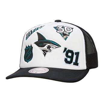 Men's Mitchell & Ness White/Black San Jose Sharks Gridlock Trucker Adjustable Hat