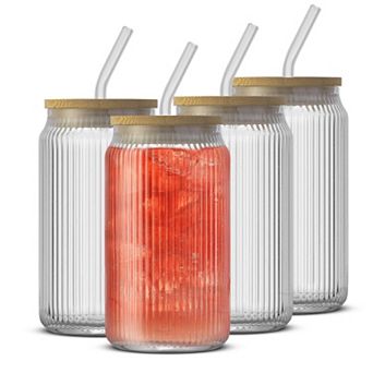 JoyJolt Fluted Glass Tumblers Set of 4 with Bamboo Lids & Straws