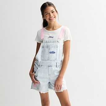Girls 7-16 Limited Too Ford Denim Shortall with Adjustable Straps & Distressed Hem