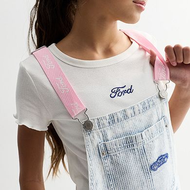 Girls 7-16 Limited Too Ford Denim Shortall with Adjustable Straps & Distressed Hem