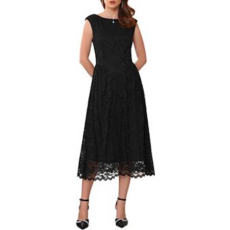 Women's Wedding Guest Lace Dress Boat Neck Vintage Formal Cocktail Midi Dresses