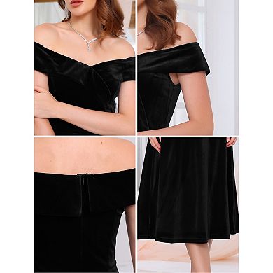 Women's Velvet Dress Off the Shoulder Vintage Cocktail Evening A-Line Dresses
