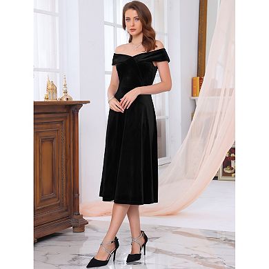 Women's Velvet Dress Off the Shoulder Vintage Cocktail Evening A-Line Dresses