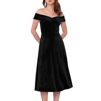 Women's Velvet Dress Off the Shoulder Vintage Cocktail Evening A-Line Dresses