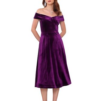 Women's Velvet Dress Off the Shoulder Vintage Cocktail Evening A-Line Dresses