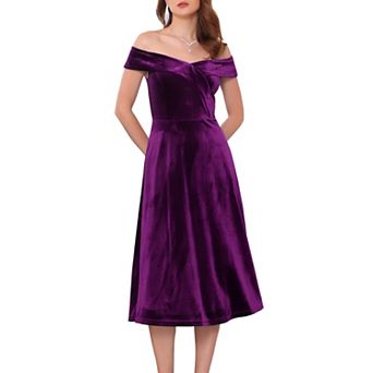 Women's Velvet Dress Off the Shoulder Vintage Cocktail Evening A-Line Dresses