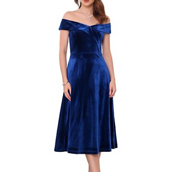 Women's Velvet Dress Off the Shoulder Vintage Cocktail Evening A-Line Dresses