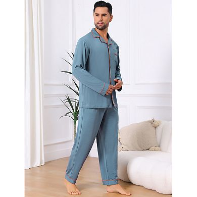 Men's 2 Pieces Long Sleeve Solid Color Button Down Casual Pajamas Set
