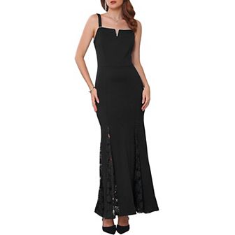 Women's Prom Dresses Straps Elegant Wedding Guest Cocktail Maxi Formal Gown with Lace Insert