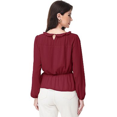 Women's Long Sleeve Blouse with Ruffle Neckline and Cinched Waist Detail