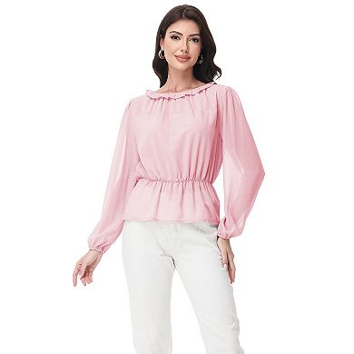 Women's Long Sleeve Blouse with Ruffle Neckline and Cinched Waist Detail