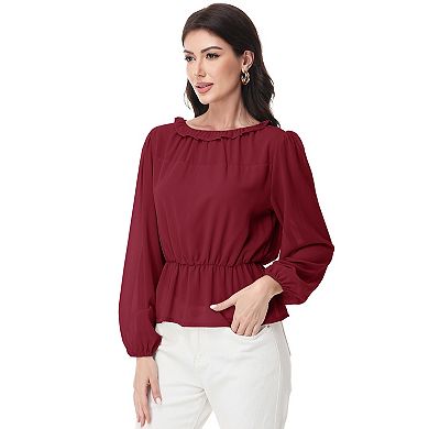 Women's Long Sleeve Blouse with Ruffle Neckline and Cinched Waist Detail