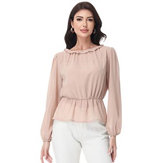 Women's Long Sleeve Blouse with Ruffle Neckline and Cinched Waist Detail