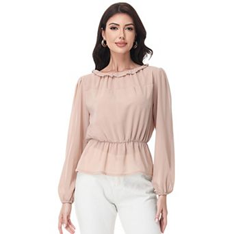 Women's Long Sleeve Blouse with Ruffle Neckline and Cinched Waist Detail