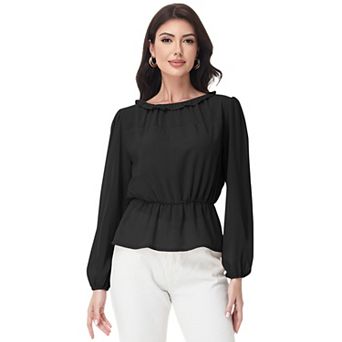 Women's Long Sleeve Blouse with Ruffle Neckline and Cinched Waist Detail