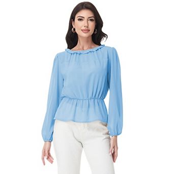 Women's Long Sleeve Blouse with Ruffle Neckline and Cinched Waist Detail