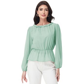 Women's Long Sleeve Blouse with Ruffle Neckline and Cinched Waist Detail